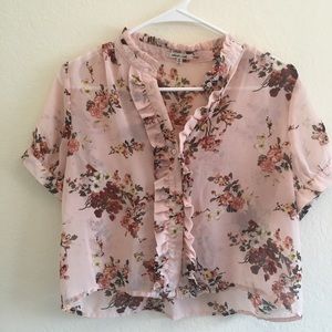 cropped pink floral sheer button up blouse